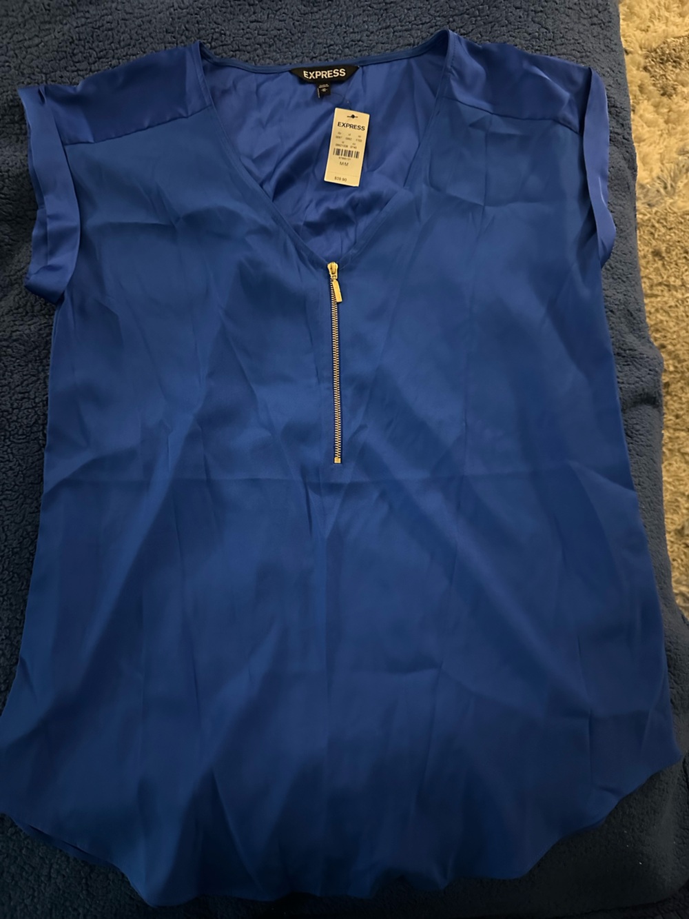 Express Women's Cobalt Blue Short-Sleeve V-Neck Blouse with Gold Zip